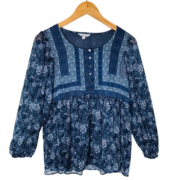 Lucky Brand Blue Floral Button Up Peasant Blouse Small Bohemian Long Sleeve - Picture 1 of 14